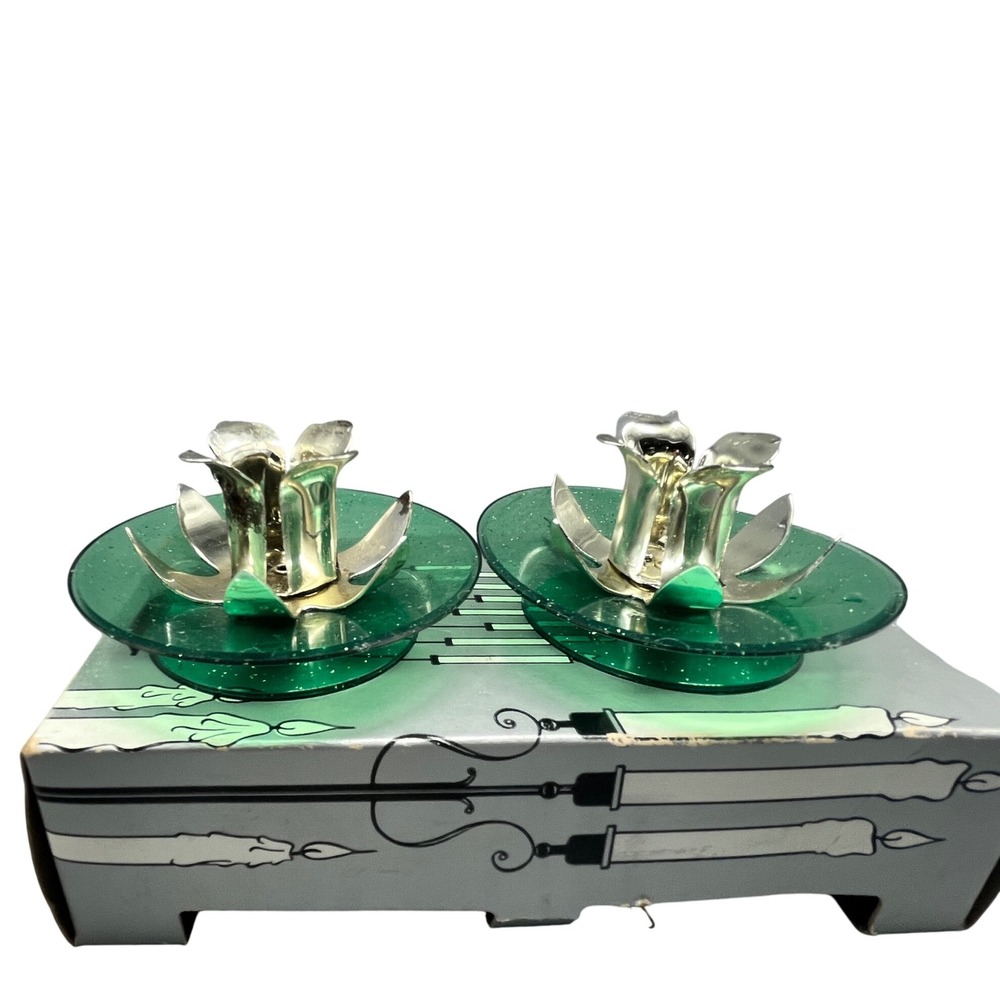 Vtg Pair Green Sparkle Lucite Taper CandleHolder w Silver Lotus Flower  Orig Box